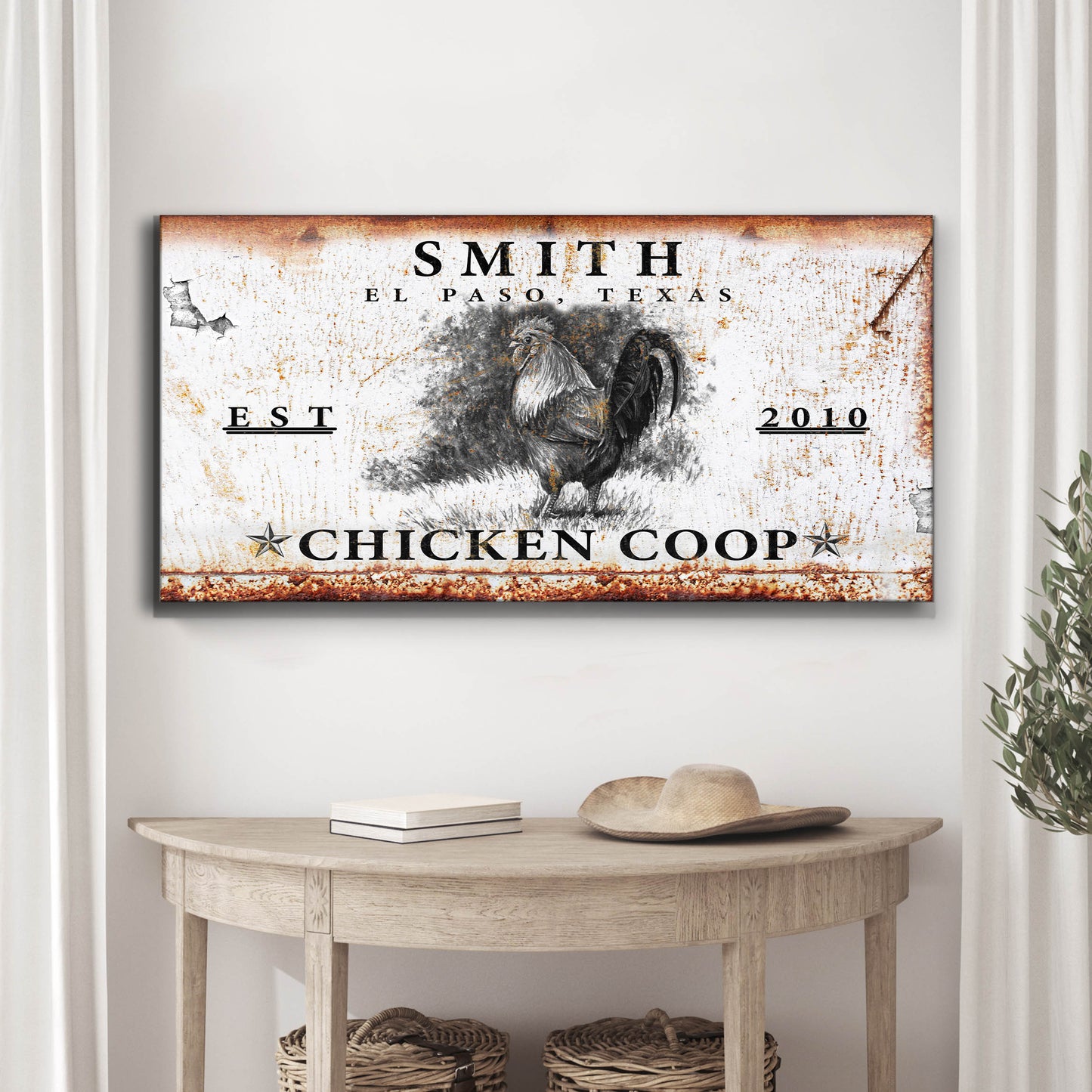 Chicken Coop Sign VI canvas by Tailored Canvases with rustic rooster print est 2010 on Tampa Home & Garden Store