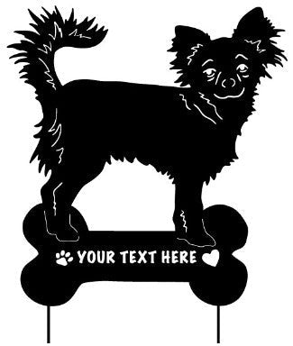 Long Haired Chihuahua garden stake by Rustica Ornamentals, black bone base with text on Tampa Home & Garden Store