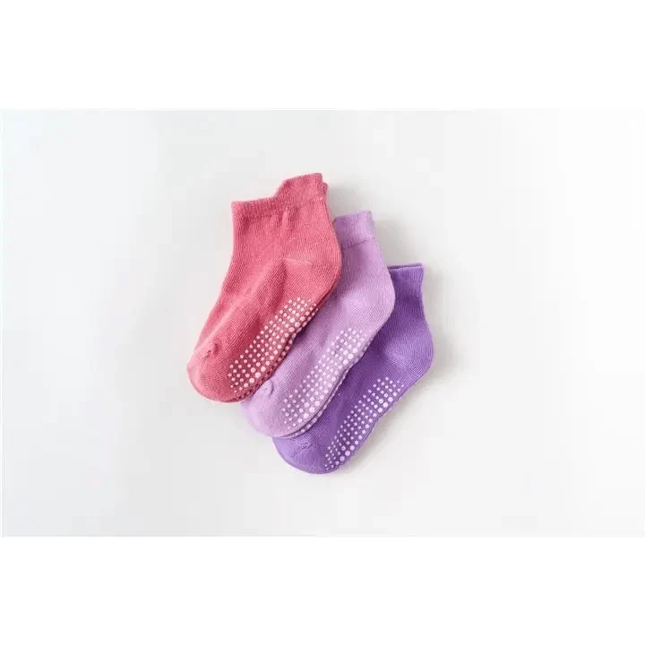 Stevvex kids cotton anti-slip socks set with grip dots on soles in pink lilac purple 3 pairs on Tampa Home & Garden Store