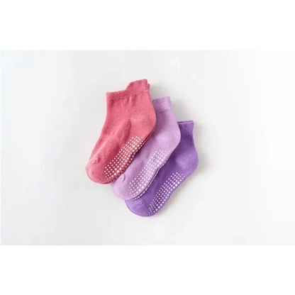 Stevvex kids cotton anti-slip socks set with grip dots on soles in pink lilac purple 3 pairs on Tampa Home & Garden Store
