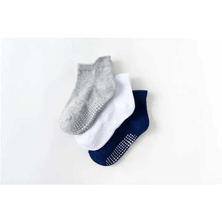 Children cotton anti-slip socks 3-pair set in grey white navy with grip dots 0–6 years Stevvex on Tampa Home & Garden Store
