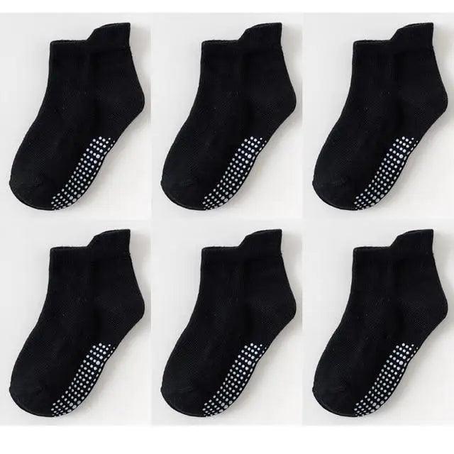 Stevvex children cotton anti-slip socks set, 6 pairs, black with white dotted grips for ages 0–6 on Tampa Home & Garden Store
