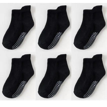 Stevvex children cotton anti-slip socks set, 6 pairs, black with white dotted grips for ages 0–6 on Tampa Home & Garden Store