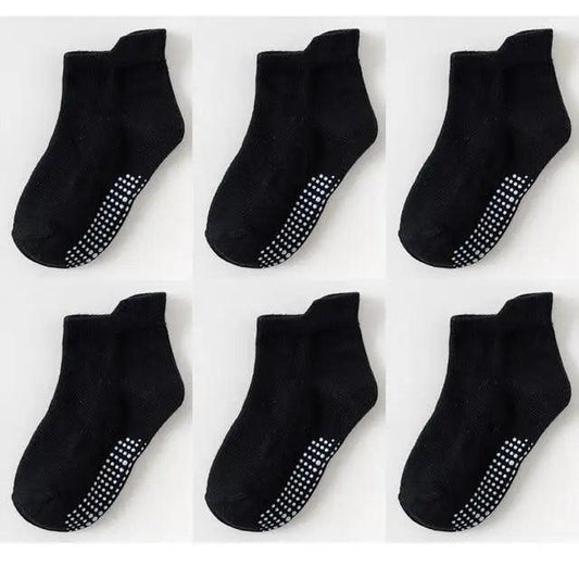 Stevvex children cotton anti-slip socks set, 6 pairs, black with white dotted grips for ages 0–6 on Tampa Home & Garden Store
