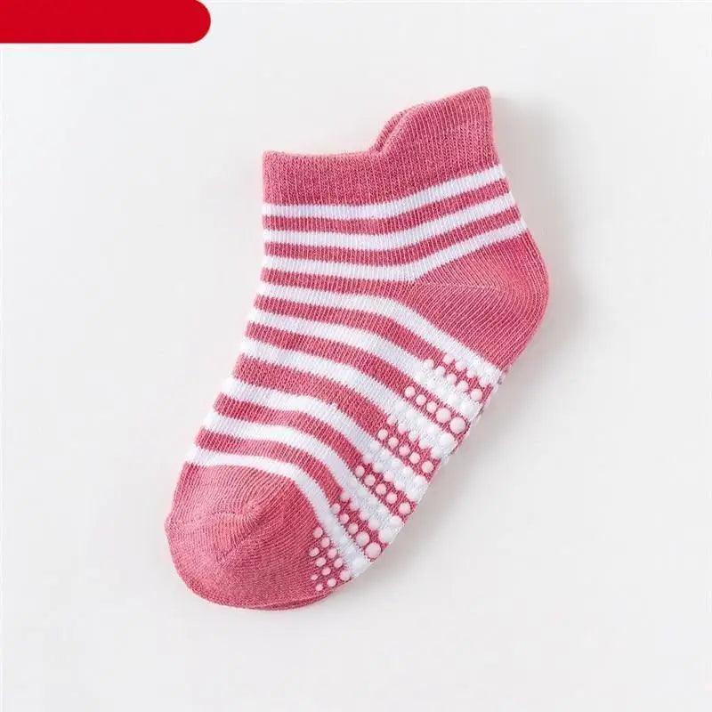 Kids' pink striped cotton anti-slip sock with grip dots on sole for toddlers on Tampa Home & Garden Store