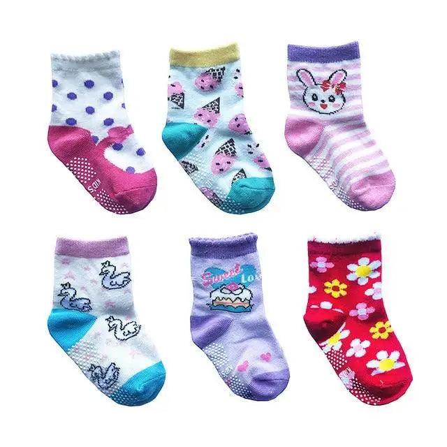 Stevvex children's cotton anti-slip socks set of 6 pairs with grip soles, assorted designs on Tampa Home & Garden Store