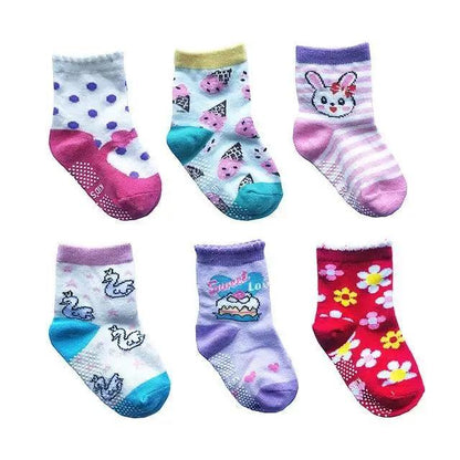Stevvex children's cotton anti-slip socks set of 6 pairs with grip soles, assorted designs on Tampa Home & Garden Store