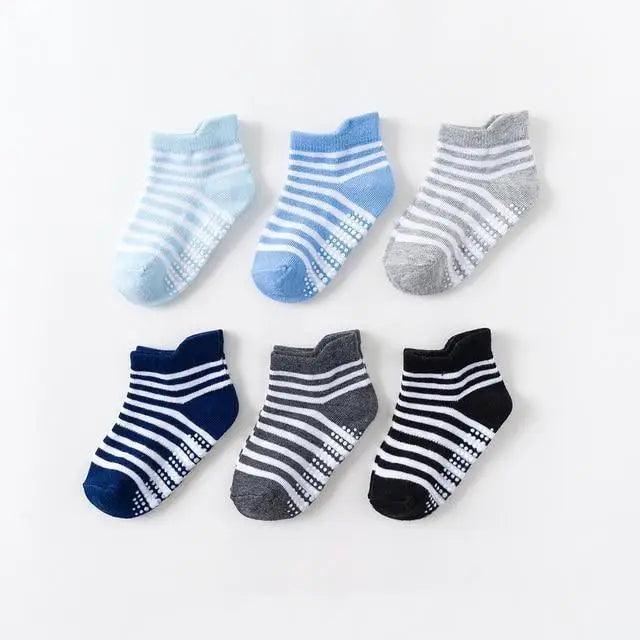 Stevvex children cotton anti-slip socks 6-pair set in striped blue gray navy black for 0-6 yrs on Tampa Home & Garden Store