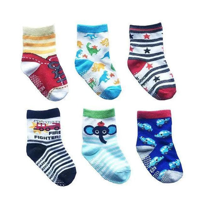 Stevvex children anti-slip socks set, 6 pairs in assorted designs for ages 0–6 with rubber grips on Tampa Home & Garden Store