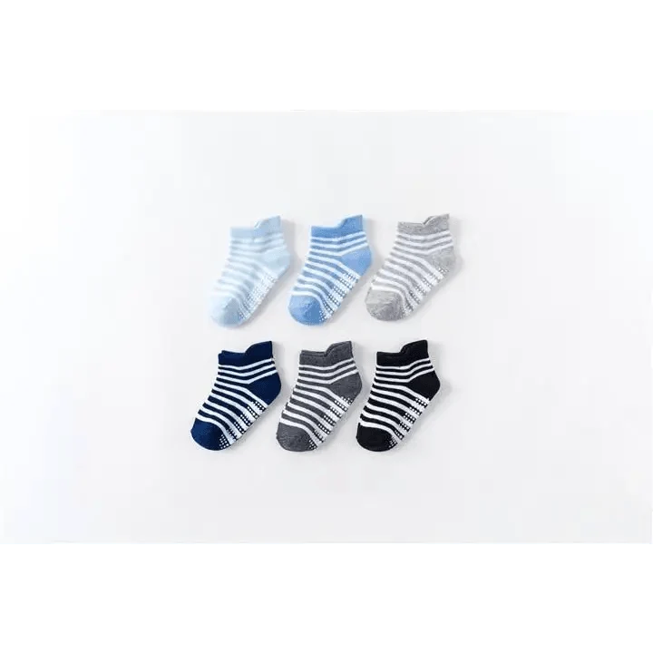 Children cotton anti-slip socks 6-pair set with grips striped blue gray ages 0-6 by Stevvex on Tampa Home & Garden Store