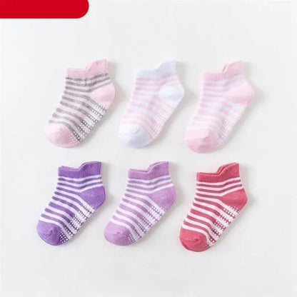 Stevvex kids cotton anti-slip socks 6-pair set with grip soles in pink, purple, red on Tampa Home & Garden Store
