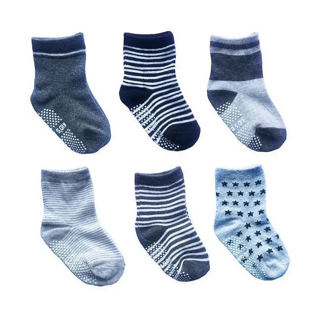 Stevvex kids anti-slip cotton socks set, 6 pairs for 0–6 years, striped with stars, grip soles on Tampa Home & Garden Store
