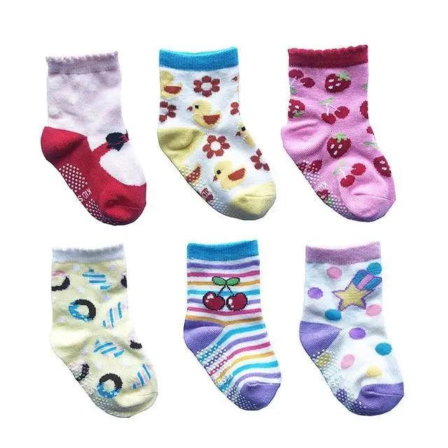 Kids anti-slip cotton socks 6-pair set with grips in colorful patterns Stevvex for ages 0–6 on Tampa Home & Garden Store