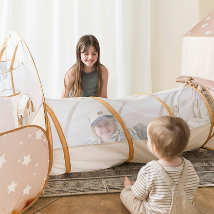 Tiny Land Discovery Play Tunnel with no balls, pink star panels, brown arches, kids inside on Tampa Home & Garden Store