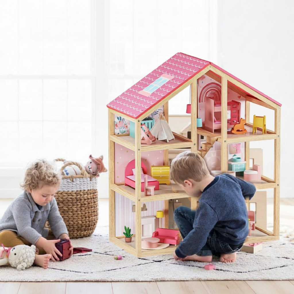 Tiny Land INC Sweetwood Dollhouse without Dolls wooden dollhouse with pink roof, two kids on Tampa Home & Garden Store