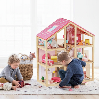 Tiny Land INC Sweetwood Dollhouse without Dolls wooden dollhouse with pink roof, two kids on Tampa Home & Garden Store