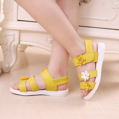 Girls' yellow strappy sandals with flower accents by Stevvex open-toe sandals for kids on Tampa Home & Garden Store