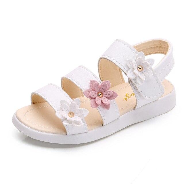 Children's white floral sandals by Stevvex with three flower accents, open-toe, triple straps on Tampa Home & Garden Store