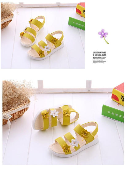 Children's yellow strappy flower-embellished sandals for girls, Stevvex open-toe sandals on Tampa Home & Garden Store