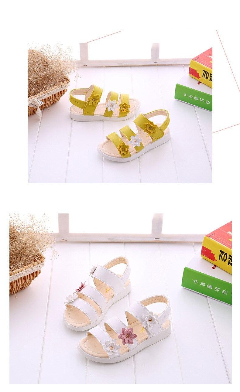 Girls' flower sandals in yellow and white by Stevvex, open-toe sandals, 2 styles on Tampa Home & Garden Store