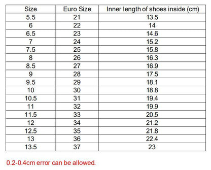 Stevvex kids sandals size chart EU sizes 21-37 inner lengths 13.5-23 cm ST85SH3510MKF on Tampa Home & Garden Store