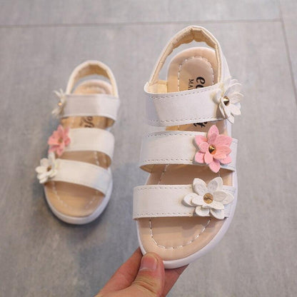 Stevvex children's white sandals with open toe and flower-embellished triple straps on Tampa Home & Garden Store