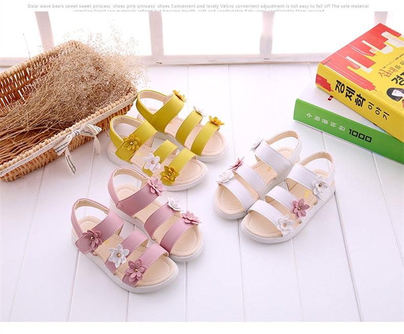 Stevvex children's flower sandals in yellow pink lavender white; strappy style, 4 pairs on Tampa Home & Garden Store
