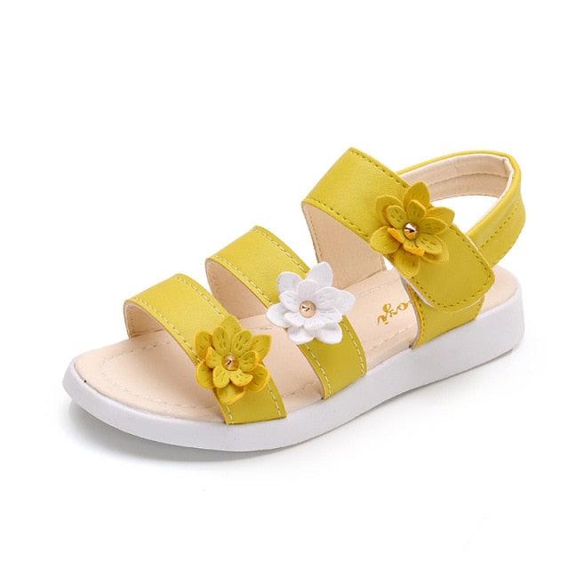 Stevvex kids' yellow strappy sandals with flower decorations and open toe, white sole on Tampa Home & Garden Store