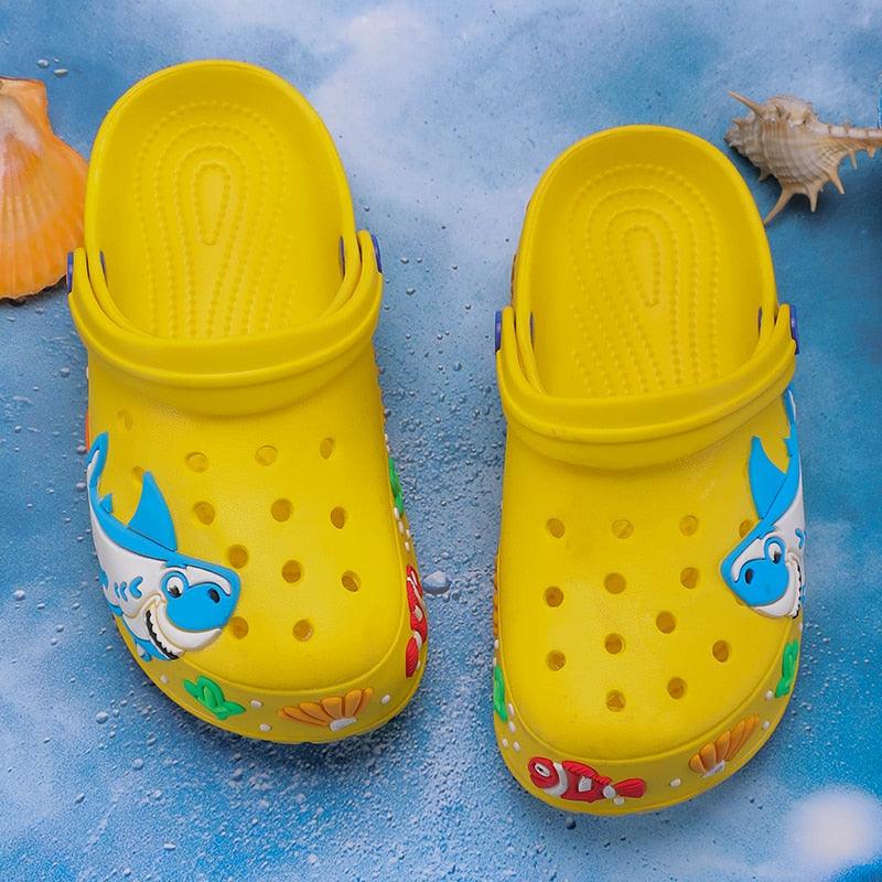 Stevvex kids yellow cartoon sandals slip-on clogs with shark print, quick-dry lightweight on Tampa Home & Garden Store