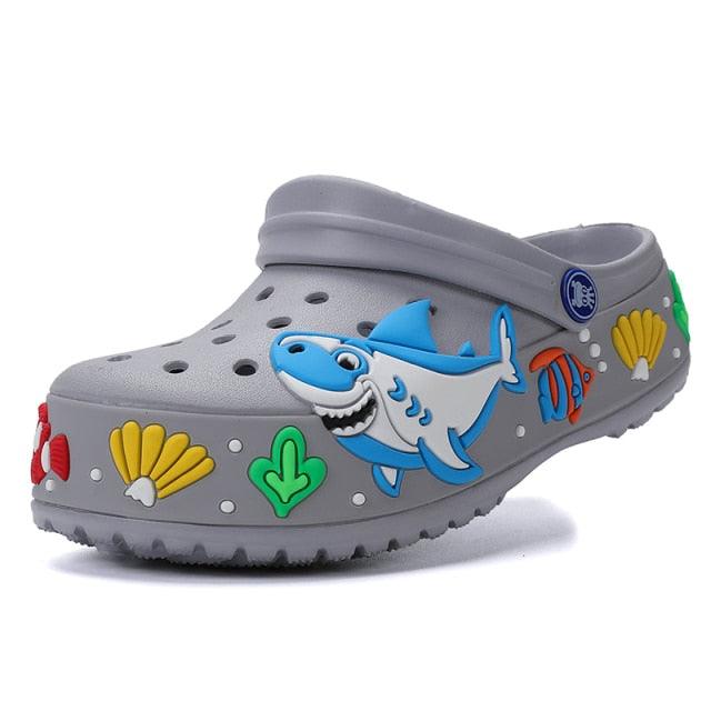 Gray kids' cartoon shark clogs by Stevvex, quick-dry slip-on slippers for beach and pool on Tampa Home & Garden Store