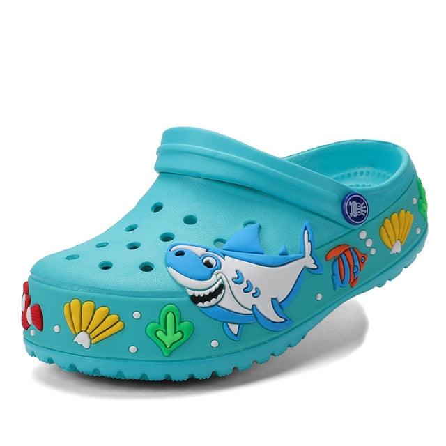 Slippers kids blue Stevvex cartoon beach clogs with shark decals and sea life on Tampa Home & Garden Store