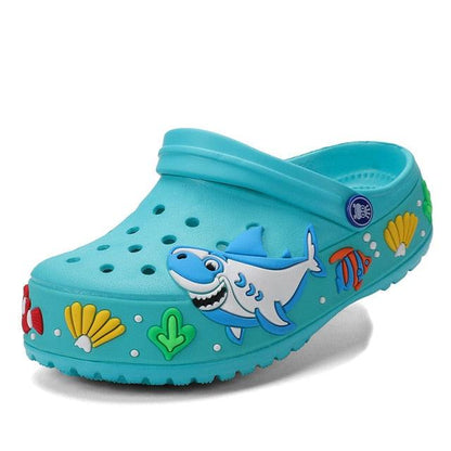 Slippers kids blue Stevvex cartoon beach clogs with shark decals and sea life on Tampa Home & Garden Store