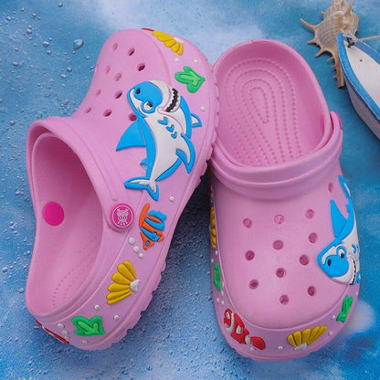 Kids pink Stevvex slippers with blue shark print, lightweight quick-dry garden sandals 2 on Tampa Home & Garden Store