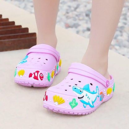 Kids pink cartoon sandals Stevvex slipon clogs with shark prints on Tampa Home & Garden Store