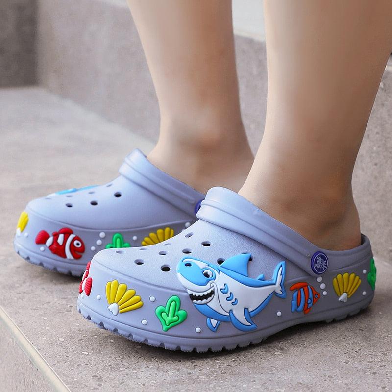 Kids Stevvex lightweight slip-on slippers in blue-gray with shark and sea creature prints on Tampa Home & Garden Store