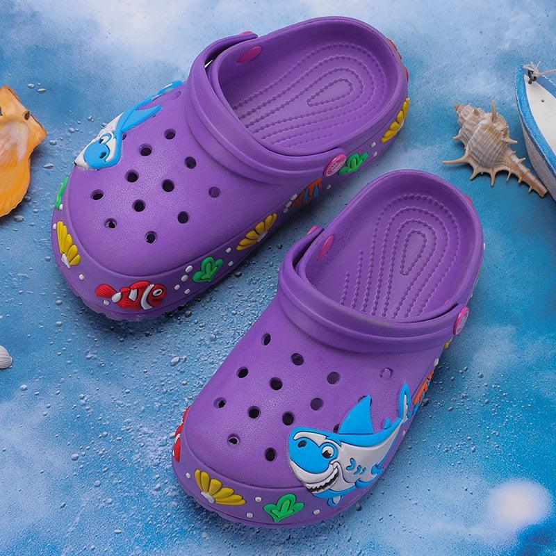 Sandals Stevvex purple kids' quick-dry cartoon, lightweight slip-ons with shark design, 2 sandals on Tampa Home & Garden Store