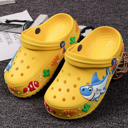 Stevvex yellow kids' cartoon sandals pair with shark and fish accents for beach on Tampa Home & Garden Store