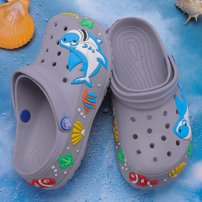 Stevvex kids grey slip-on clogs pair with cartoon shark and fish prints, beach sandals on Tampa Home & Garden Store