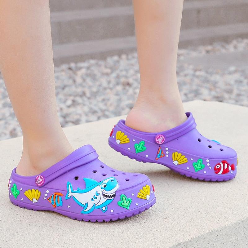 Stevvex kids' purple cartoon beach sandals pair with shark and seashell art, slip-on clogs on Tampa Home & Garden Store