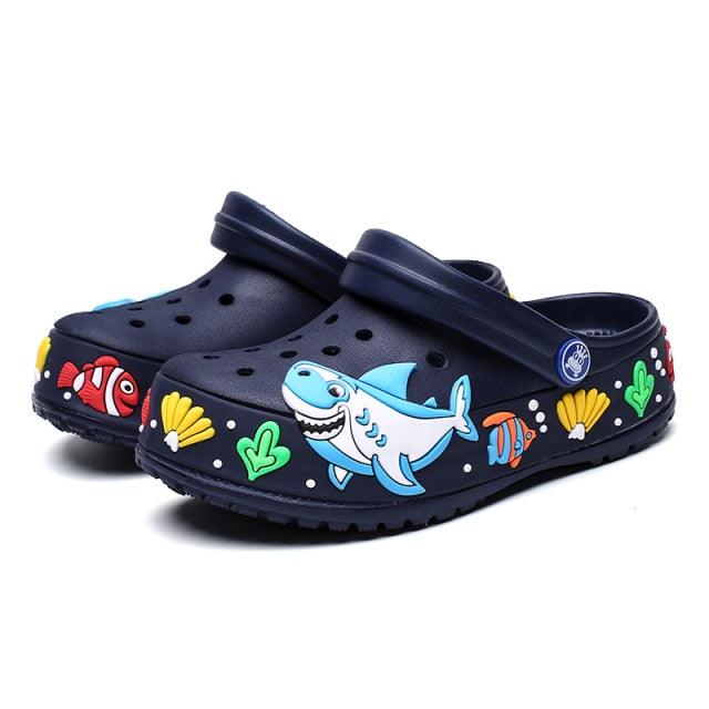 Kids navy blue Stevvex cartoon sea-life clogs with shark and fish, quick-dry slip-ons on Tampa Home & Garden Store