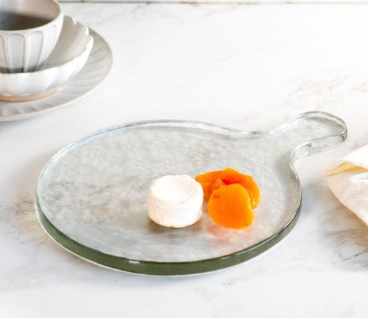 Thenestedfig Clear Round Glass Cheese Chiller serving platter with white cheese on Tampa Home & Garden Store