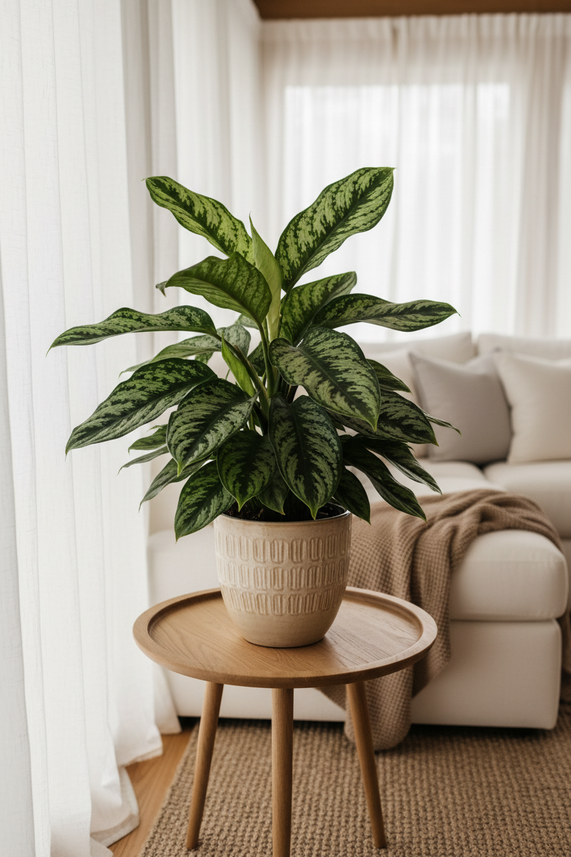 Chinese Evergreen Maria indoor plant with green leaves in a beige pot Rooted Treasures Farms on Tampa Home & Garden Store