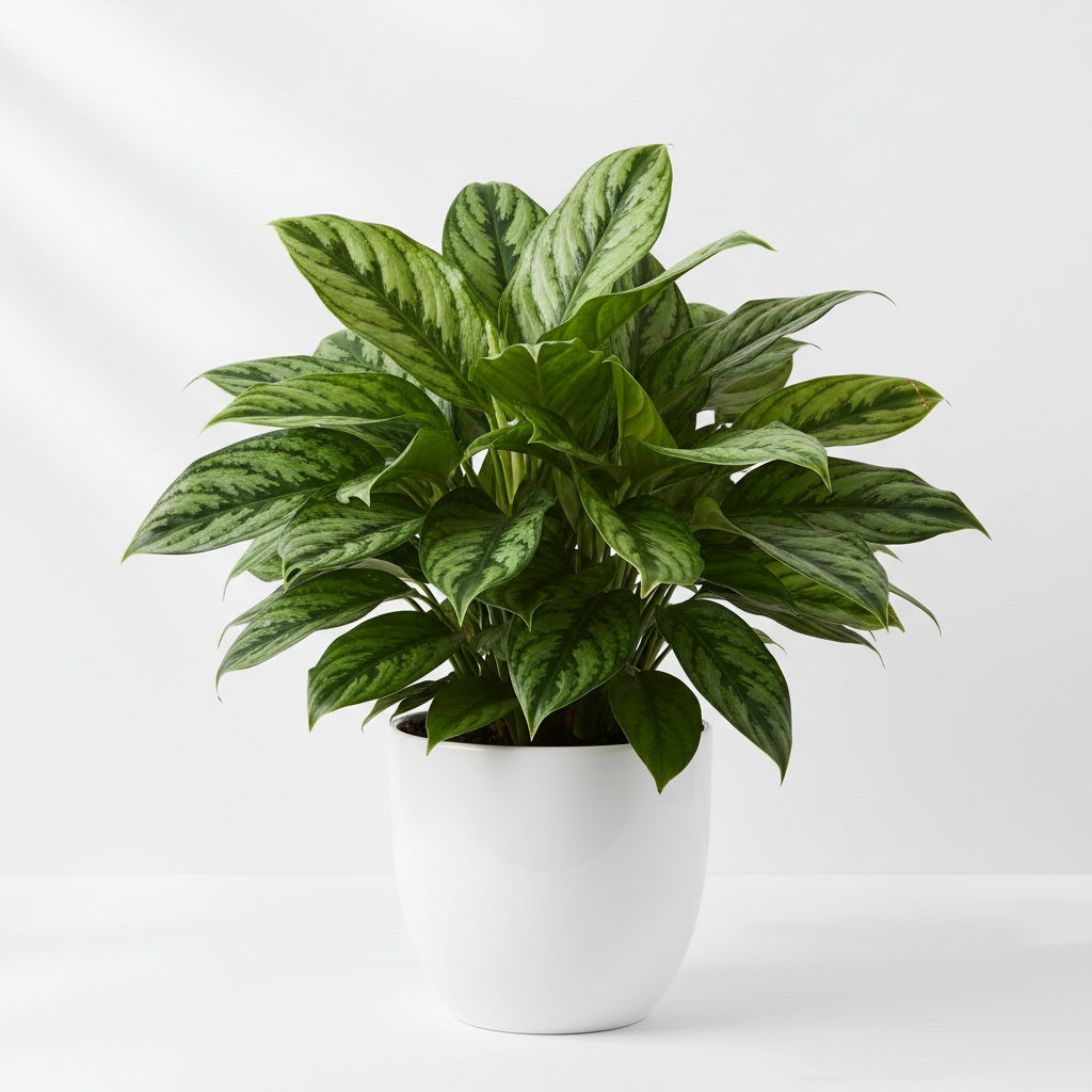 Chinese Evergreen Maria indoor plant in white ceramic pot with variegated green leaves on Tampa Home & Garden Store
