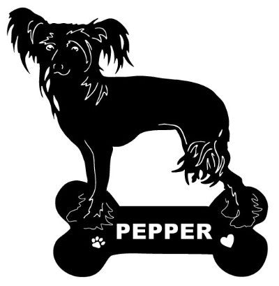 Chinese Crested dog garden stake silhouette with bone labeled Pepper by Rustica Ornamentals on Tampa Home & Garden Store