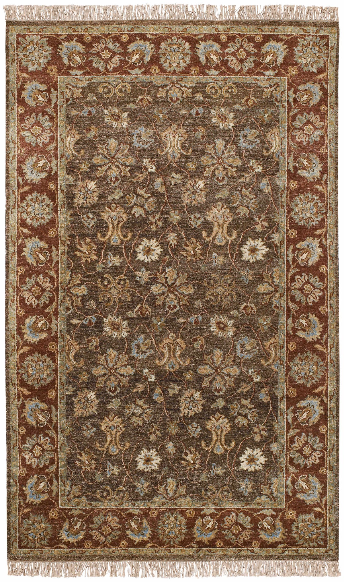 Chinle Premium Wool Area Carpet rug in brown with blue beige florals fringe Boutique Rugs on Tampa Home & Garden Store
