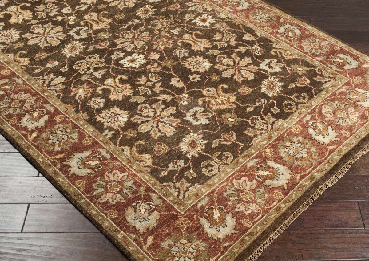 Chinle Premium Wool Area Rug by Boutique Rugs, brown field with beige border on Tampa Home & Garden Store