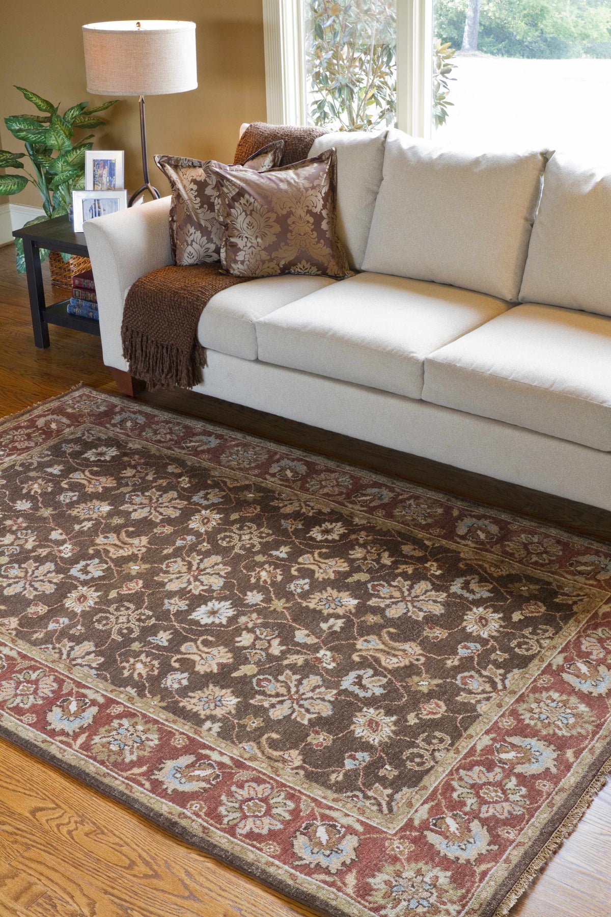 Chinle Premium Wool Area Carpet from Boutique Rugs in brown burgundy floral pattern on Tampa Home & Garden Store