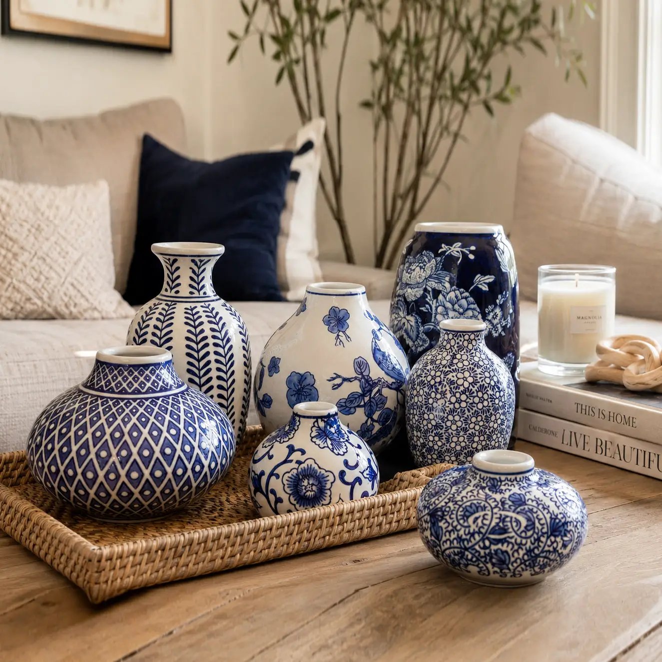 Samira Blue Porcelain Vases from Gia Roma blue and white ceramic patterns on a woven tray on Tampa Home & Garden Store