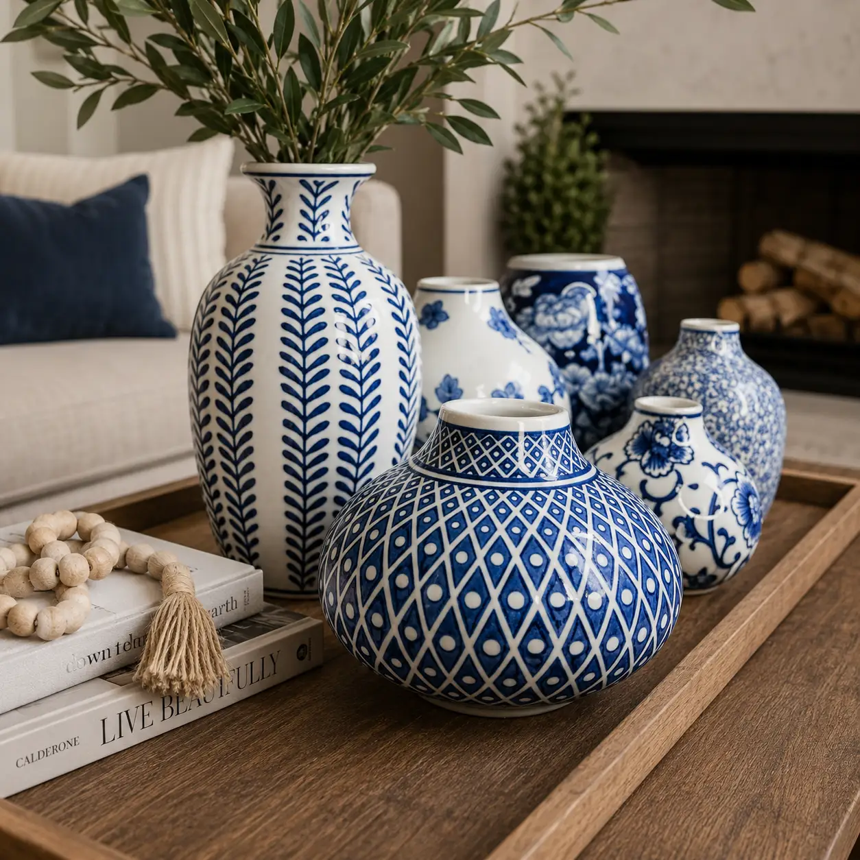 Samira Blue Porcelain Vases set of five by Gia Roma on a wooden tray on Tampa Home & Garden Store