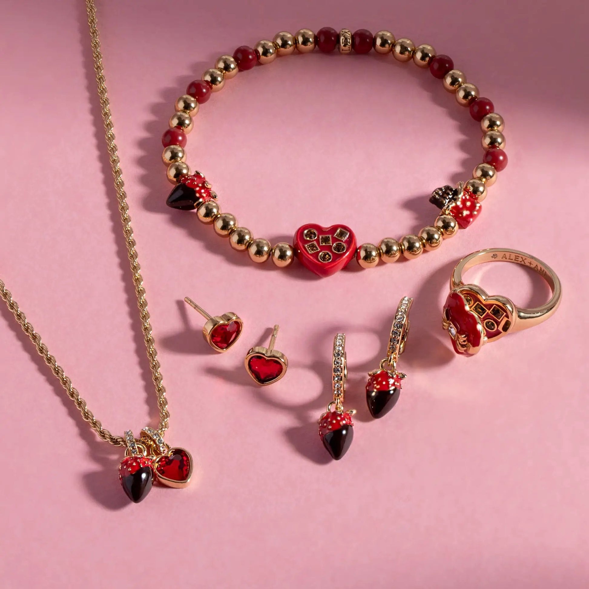 Necklace Chocolate-Covered Strawberry Duo Charm by ALEX AND ANI with red and gold beads on Tampa Home & Garden Store